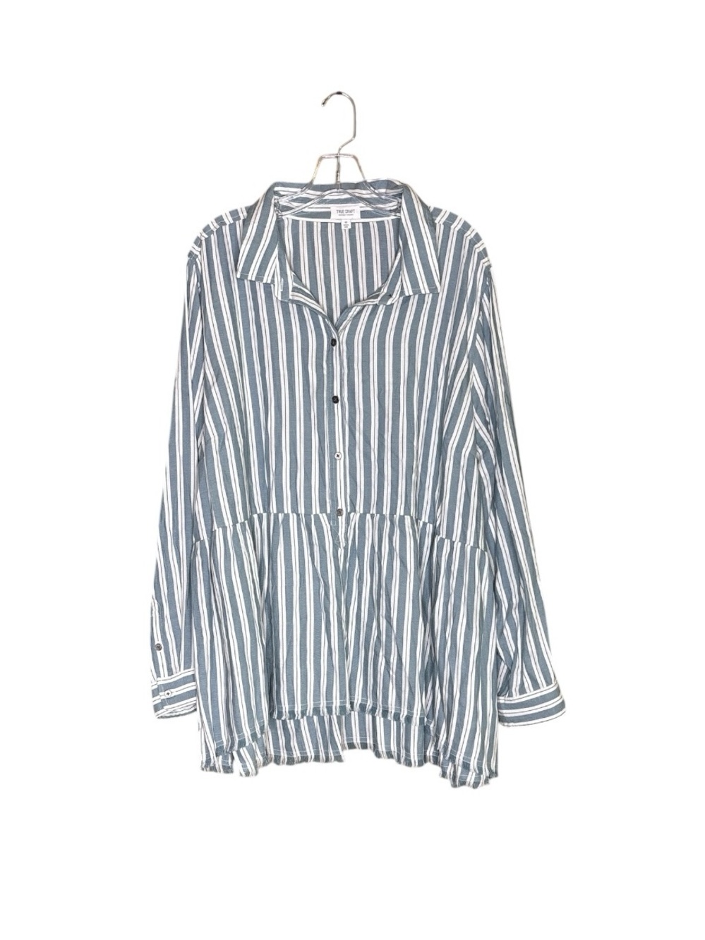 True Craft 4X  Dusty Teal Stripe Peplum Button Front Tunic Top